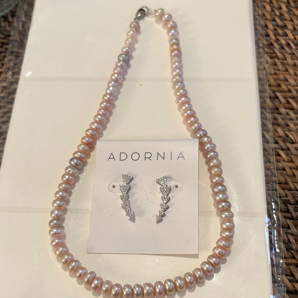 Pink Pearl Necklace and Silver Crystal Earrings Set